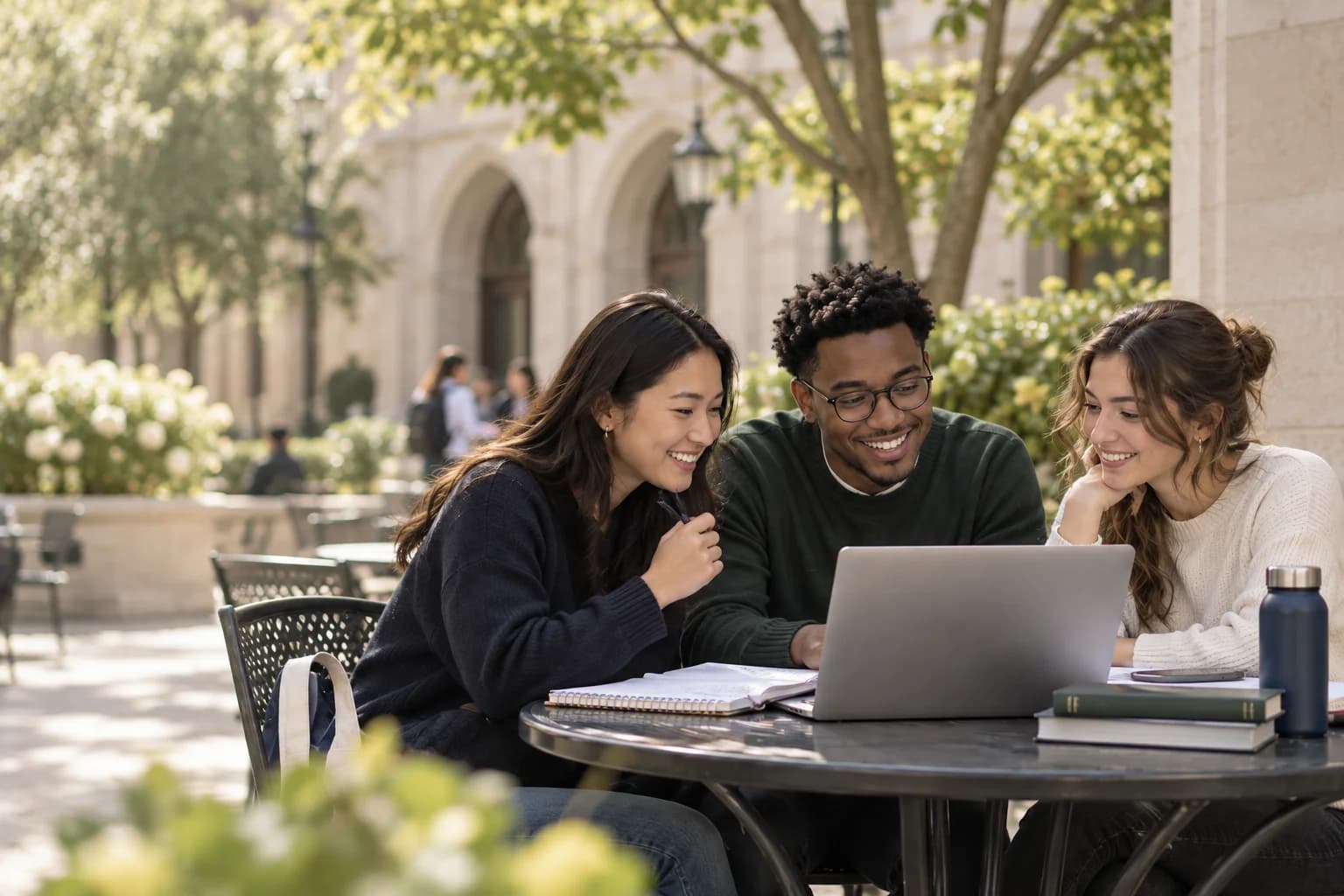 Law students working together with a laptop outside on campus